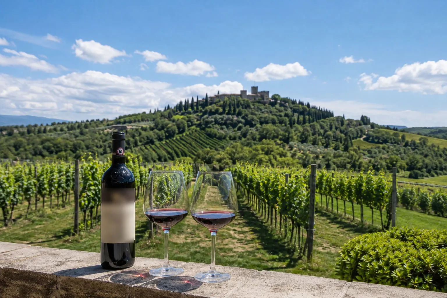 A bottle of red wine and two poured glasses on a stone wall above Chianti vineyards, with a castle and cypresses on the hilltop beyond