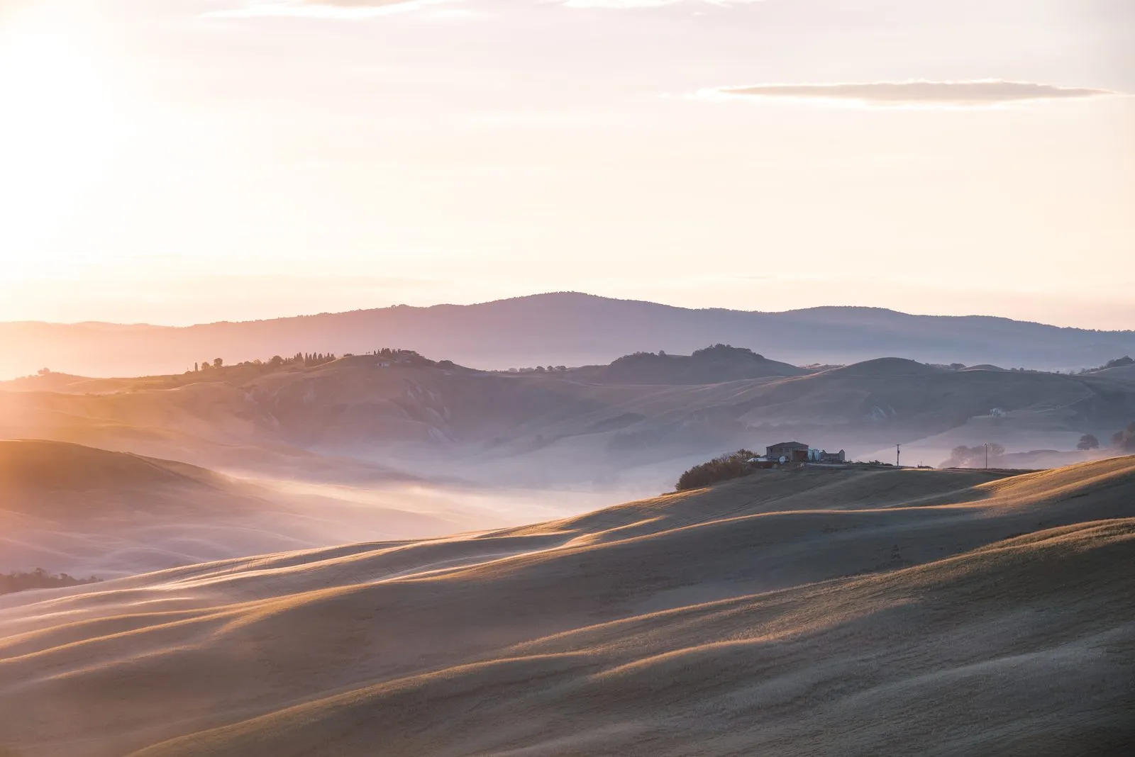 Bare rolling clay hills of the Crete Senesi with a single farmhouse and a row of cypress trees, soft evening light, wide landscape