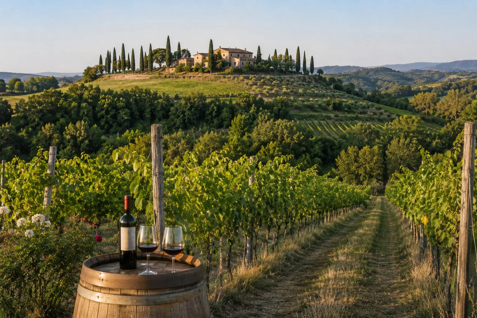 A bottle of red wine and two poured glasses on an oak barrel at the head of a vineyard row, with a cypress-ringed farmhouse on the hill beyond